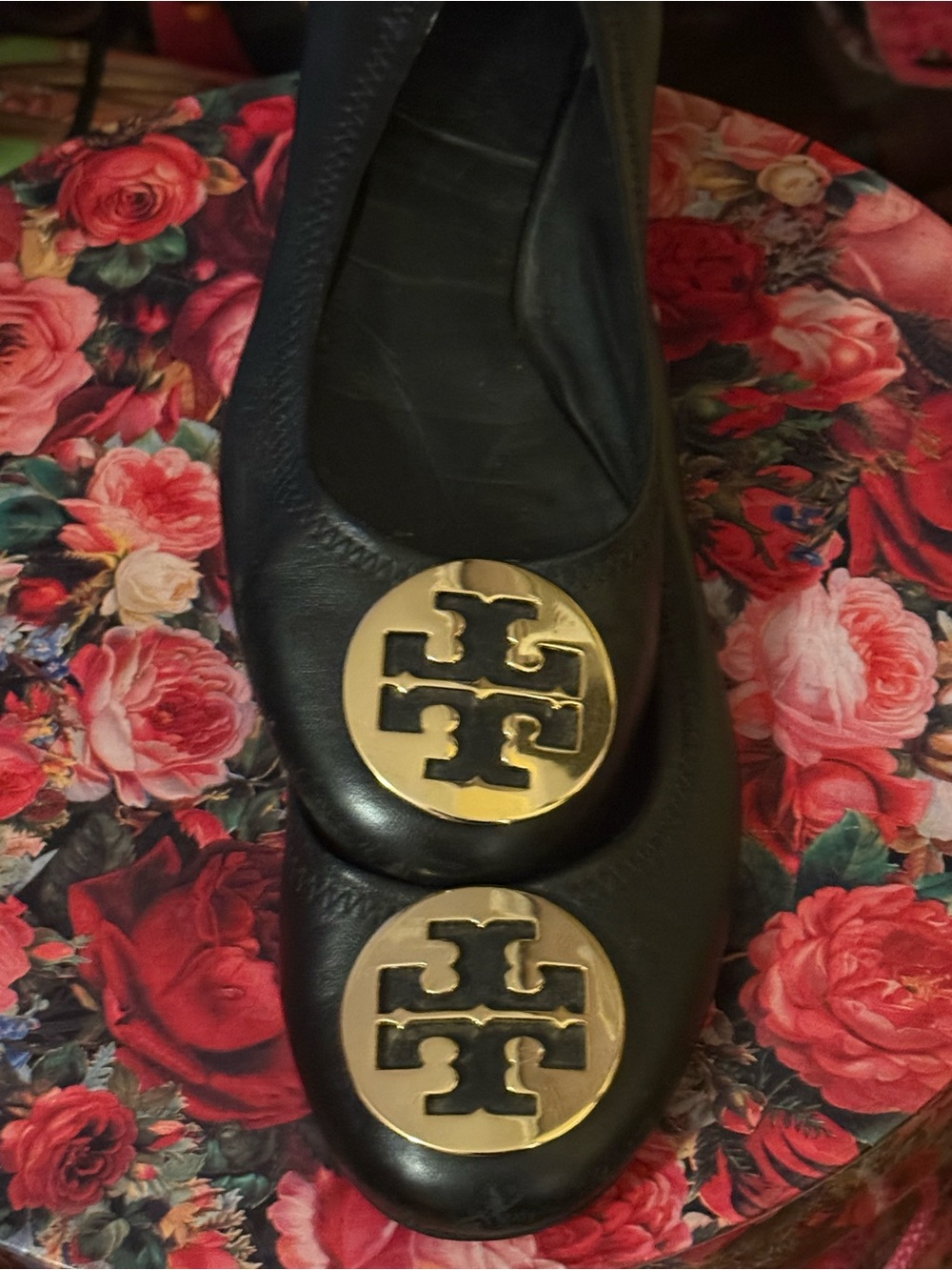 Tory Burch Black Leather Flats with Gold Logo Medallions
